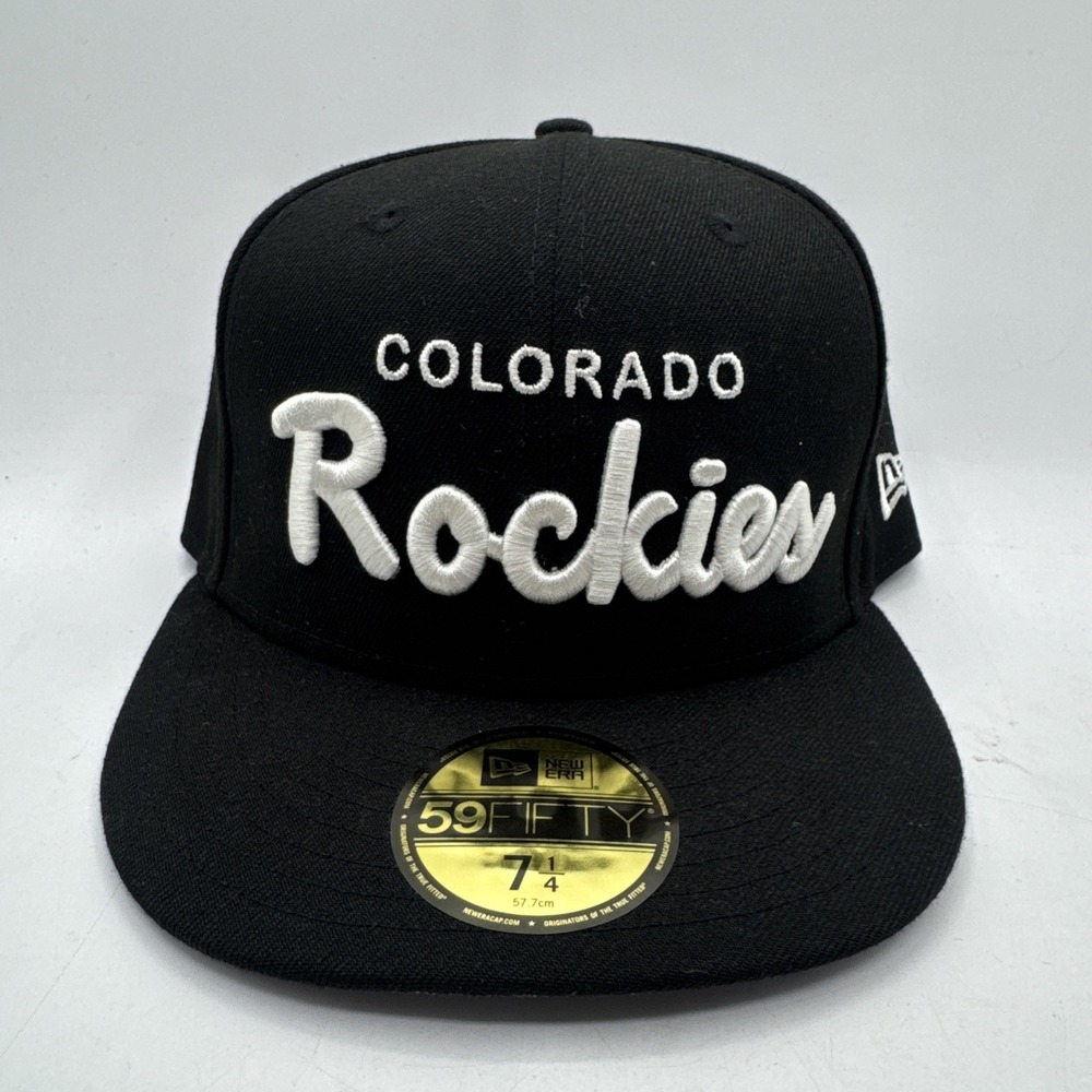 New Era 59Fifty Colorado Rockies Spell Out Fitted Hat Cap 7 1/4 Black White MLB